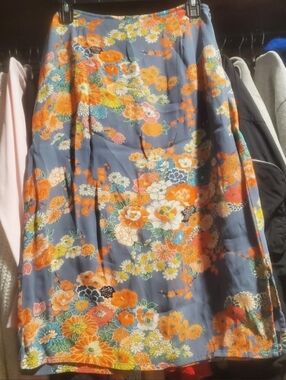 Floral A-Line Skirt in Slate Blue and Orange
